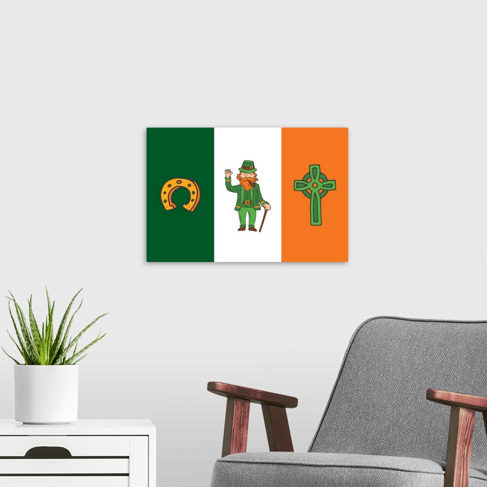 A modern room featuring The Irish flag with a horseshoe, leprechaun, and Celtic cross.