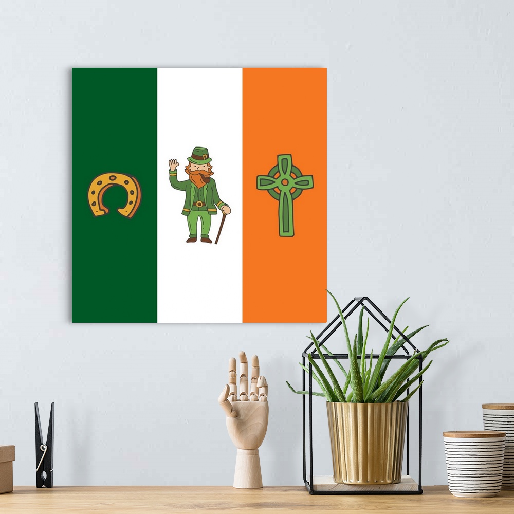 A bohemian room featuring The Irish flag with a horseshoe, leprechaun, and Celtic cross.
