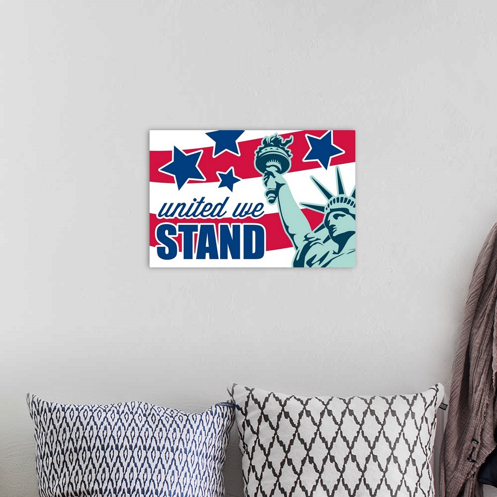 A bohemian room featuring "United We Stand" with a graphic designed American flag in the background and the Statue of Liber...