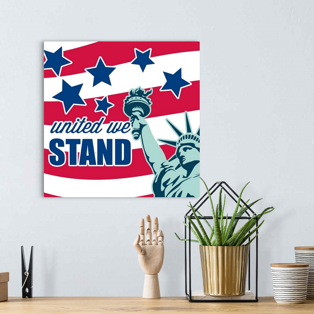 A bohemian room featuring "United We Stand" with a graphic designed American flag in the background and the Statue of Liber...