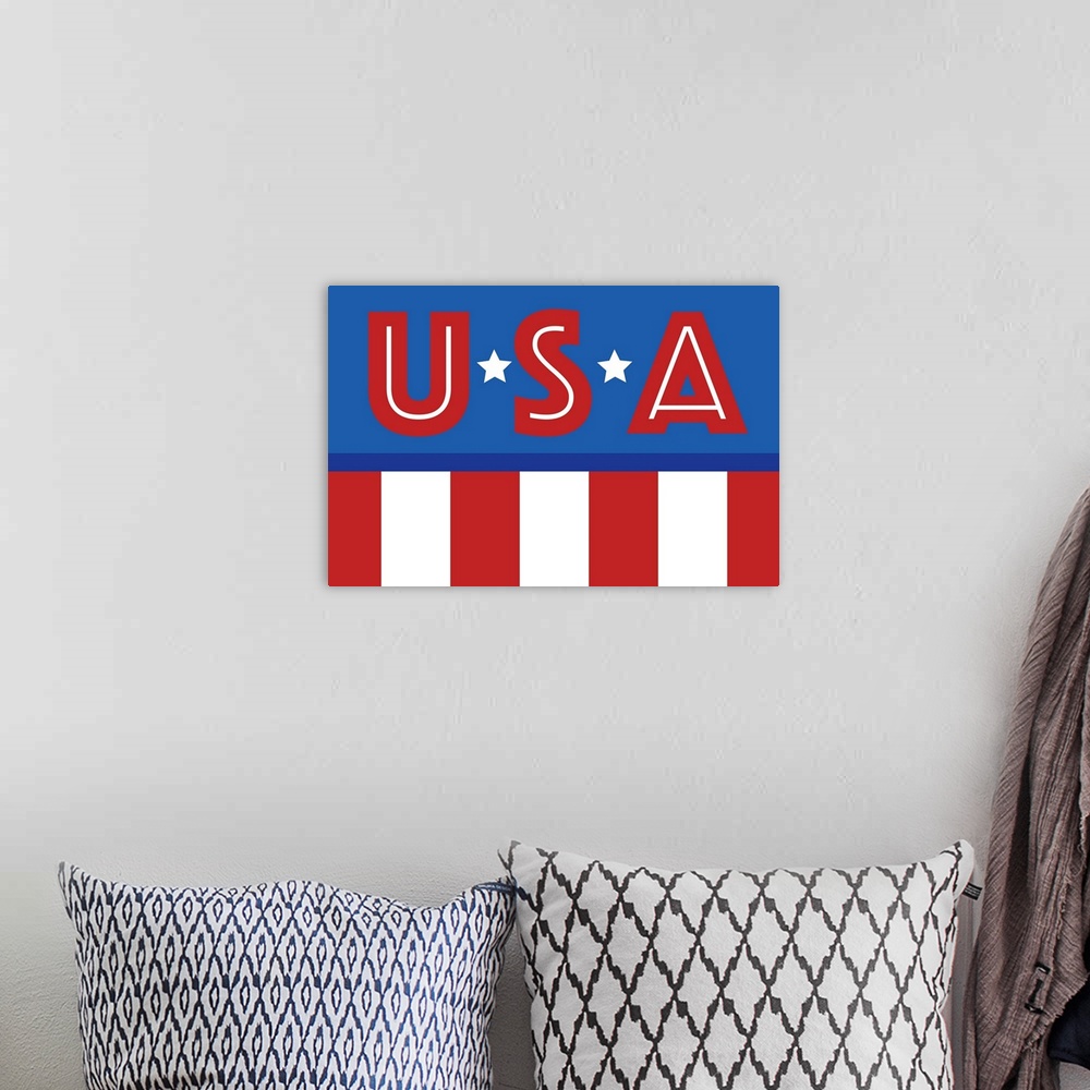 A bohemian room featuring USA in red, white, and blue with stars and stripes.