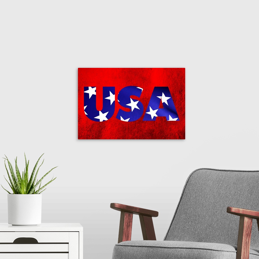 A modern room featuring Patriotic art that has USA in blue with white stars on a red background.