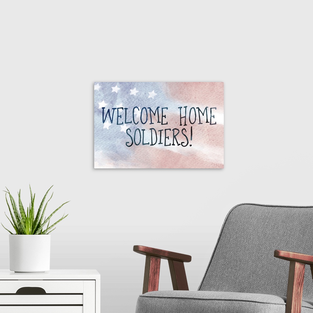 A modern room featuring "Welcome Home Soldiers!" written on top of a watercolor American flag.