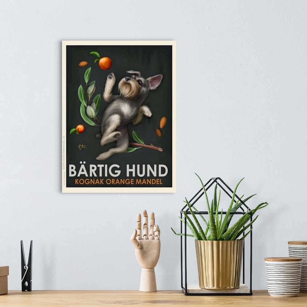 A bohemian room featuring Retro style advertising poster featuring Miniature Schnauzer with German Cognac