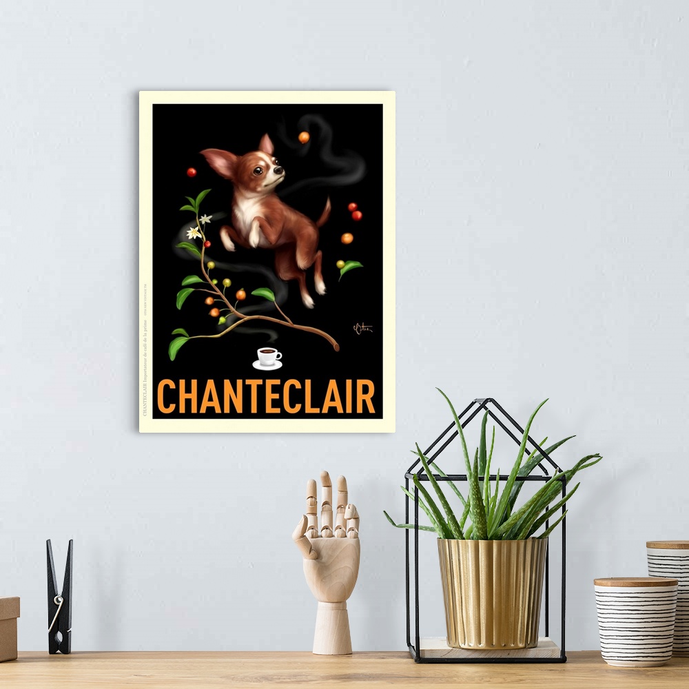 A bohemian room featuring Retro style advertising poster featuring Chihuahua with coffee branch