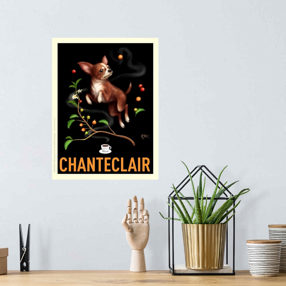 A bohemian room featuring Retro style advertising poster featuring Chihuahua with coffee branch