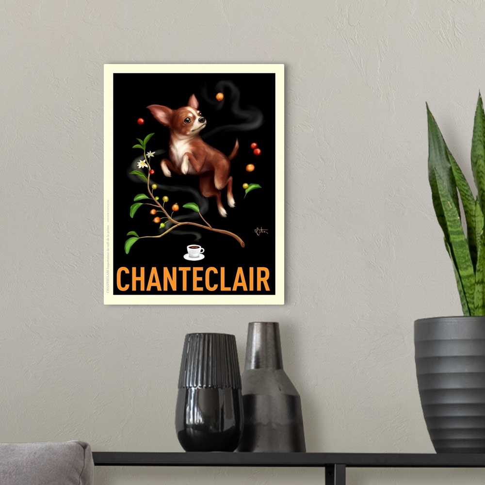 A modern room featuring Retro style advertising poster featuring Chihuahua with coffee branch