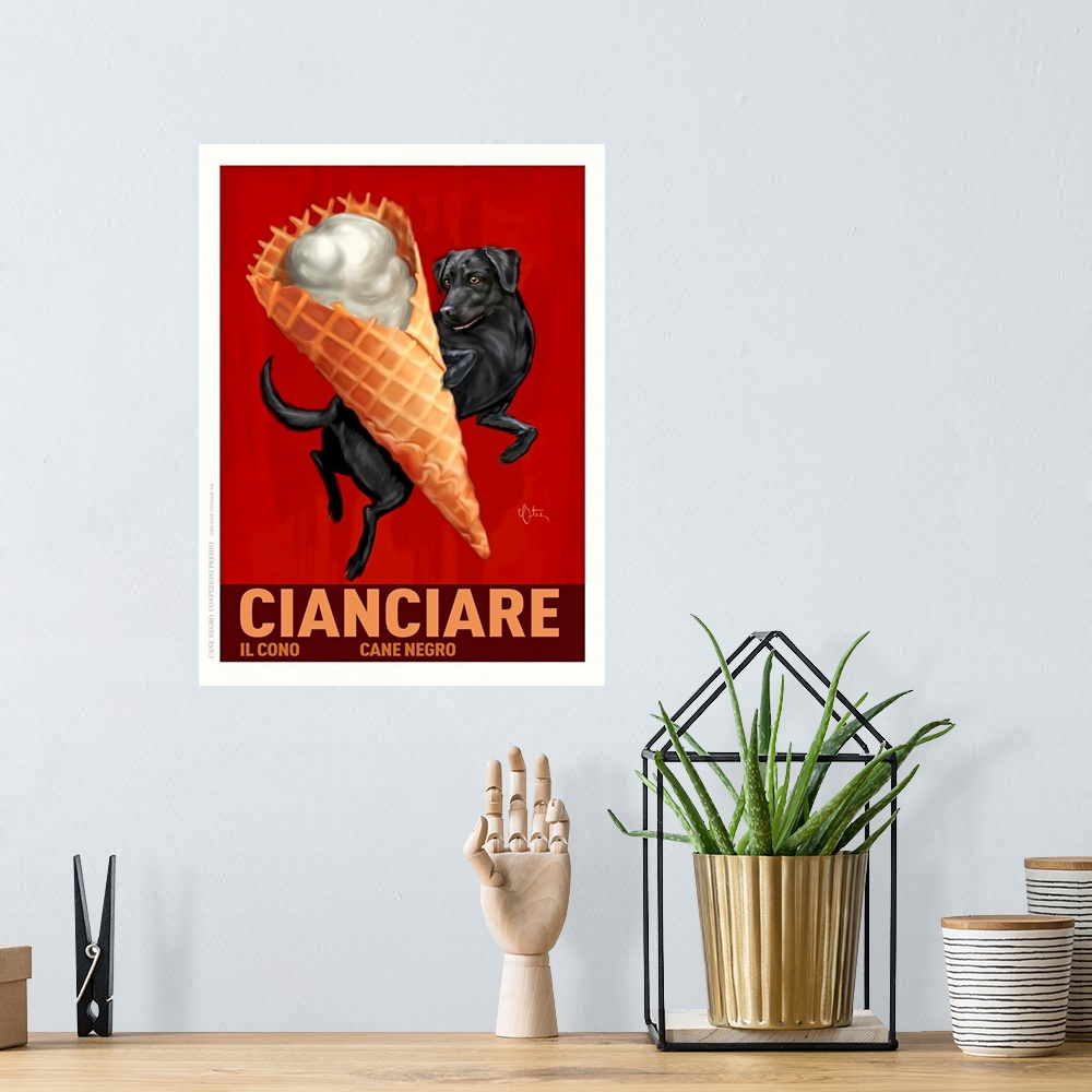 A bohemian room featuring Retro style advertising poster featuring Black Lab with Italian Waffle Cone