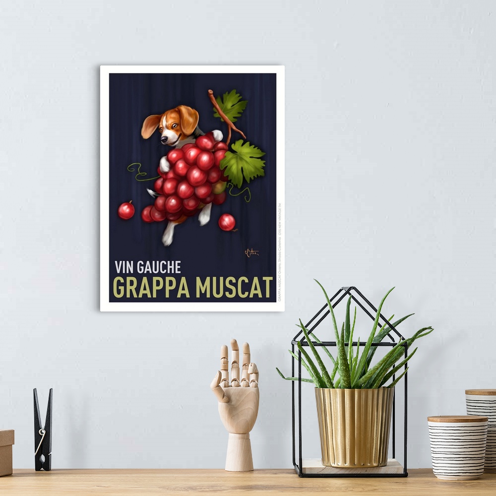 A bohemian room featuring Retro style advertising poster featuring Beagle with French Wine Grapes