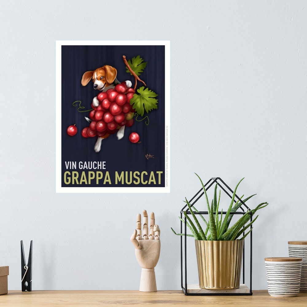 A bohemian room featuring Retro style advertising poster featuring Beagle with French Wine Grapes