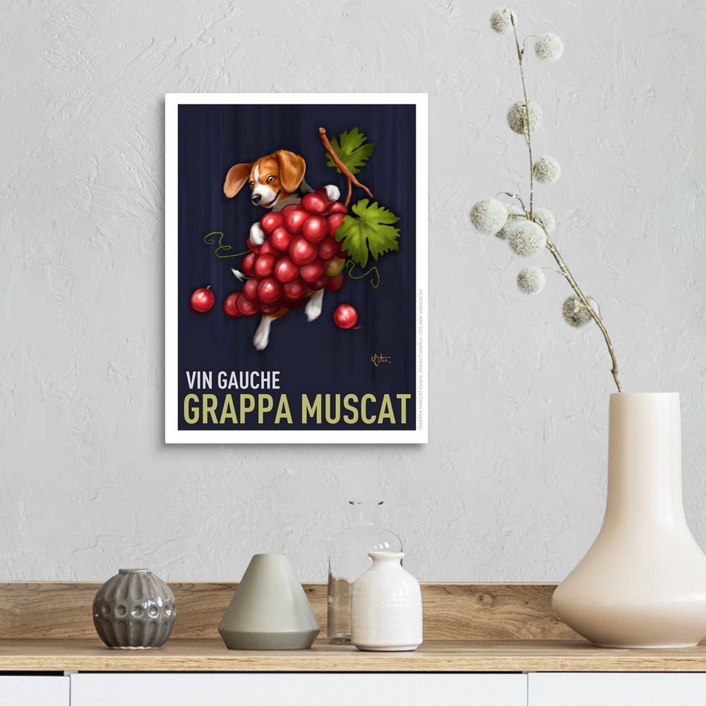 A farmhouse room featuring Retro style advertising poster featuring Beagle with French Wine Grapes