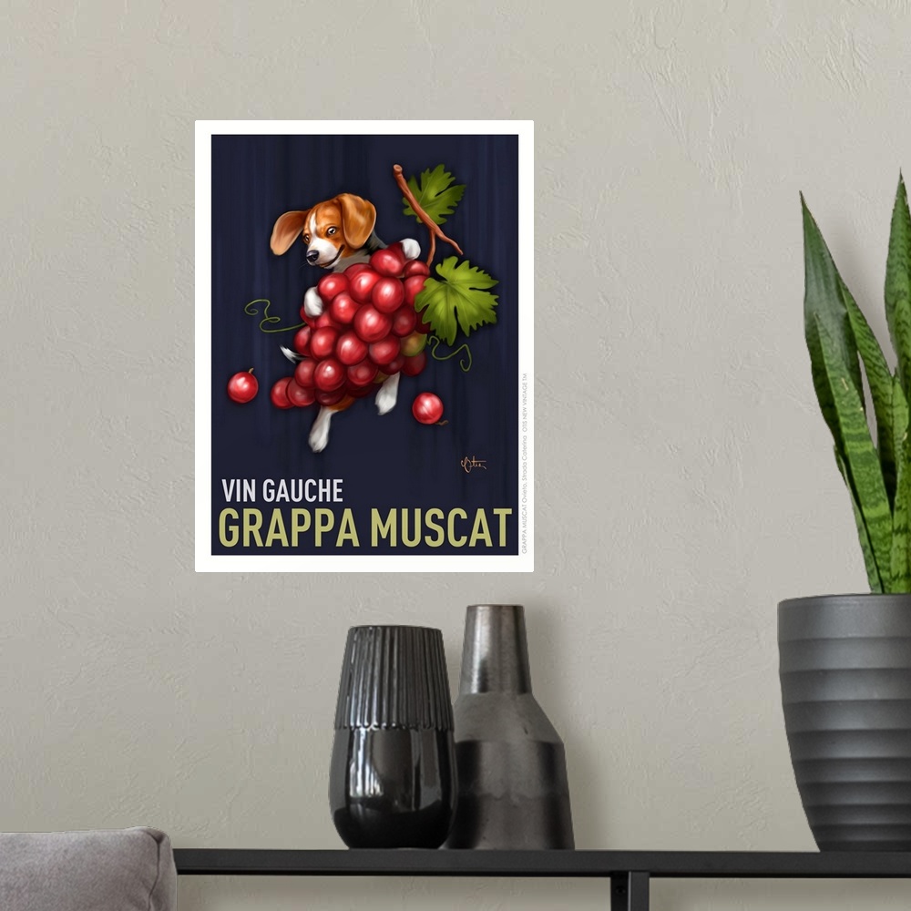 A modern room featuring Retro style advertising poster featuring Beagle with French Wine Grapes
