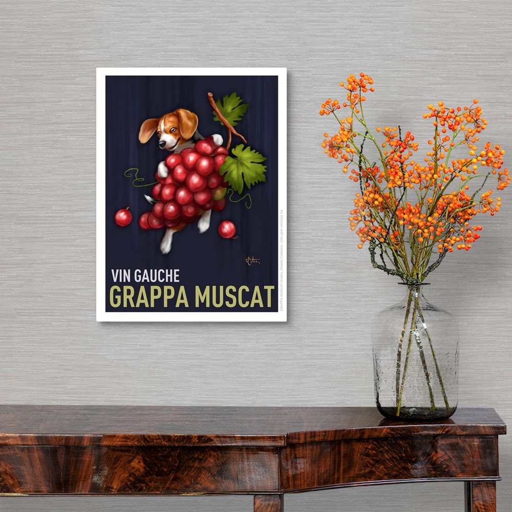 A traditional room featuring Retro style advertising poster featuring Beagle with French Wine Grapes