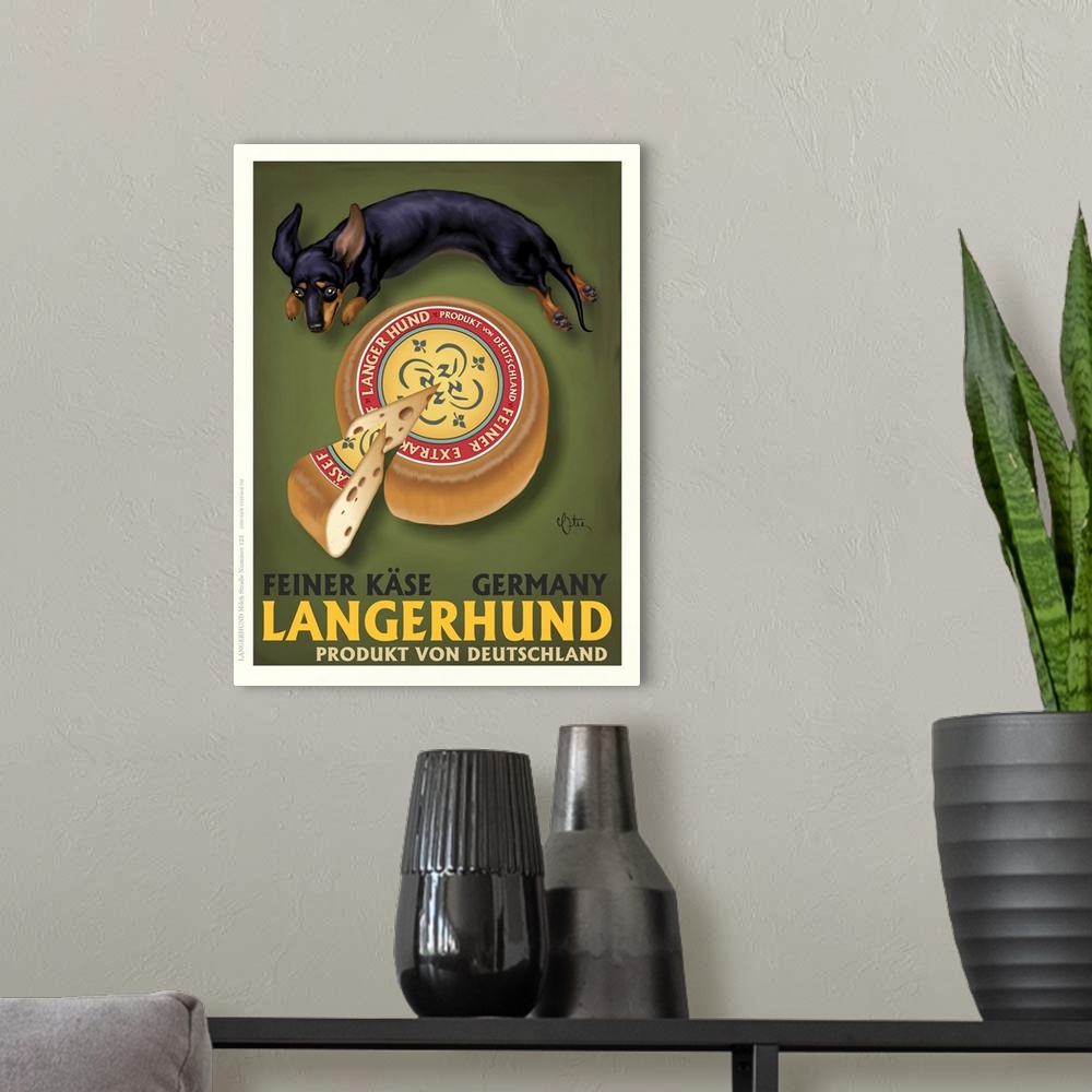 A modern room featuring Retro style advertising poster featuring Dachshund with German Cheese