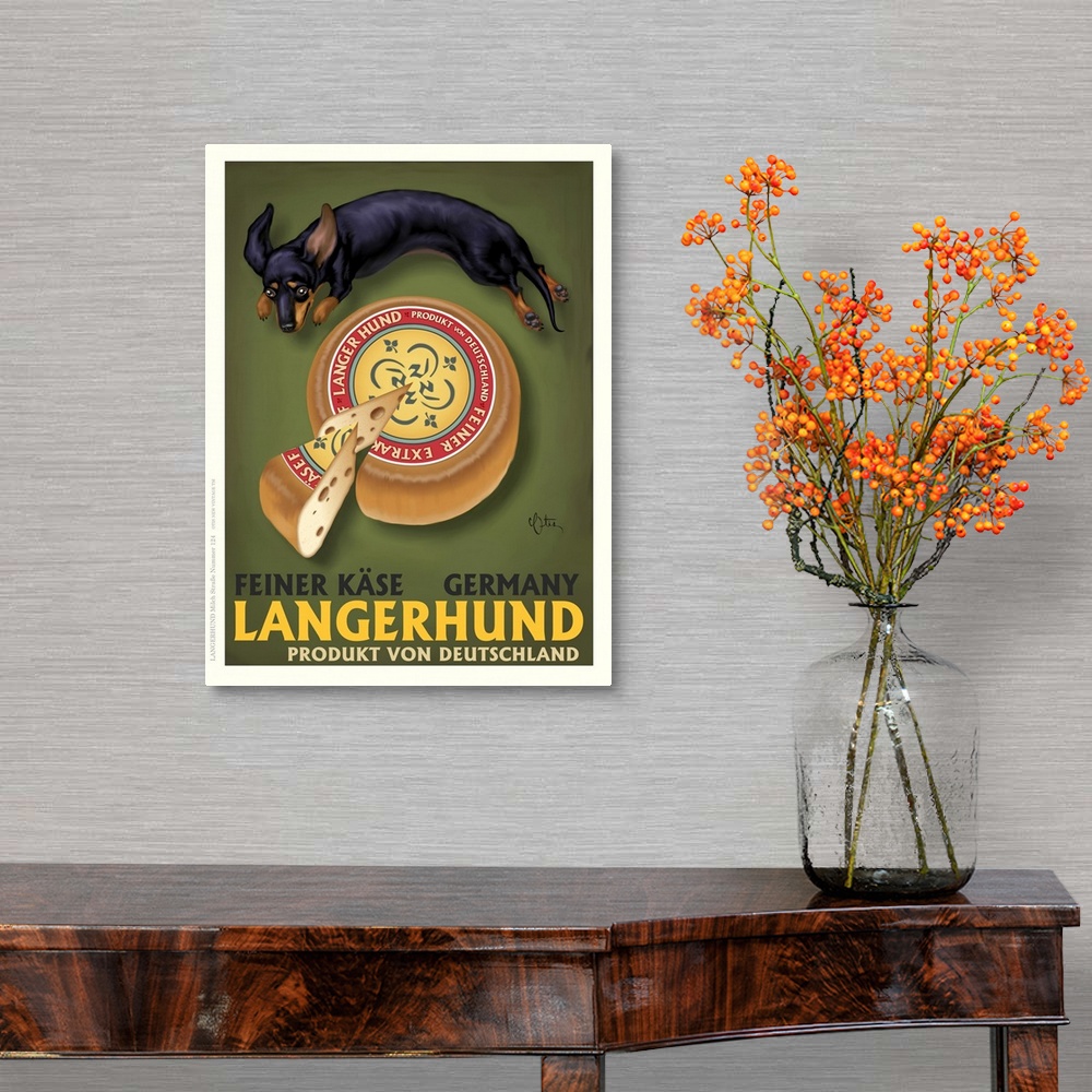 A traditional room featuring Retro style advertising poster featuring Dachshund with German Cheese