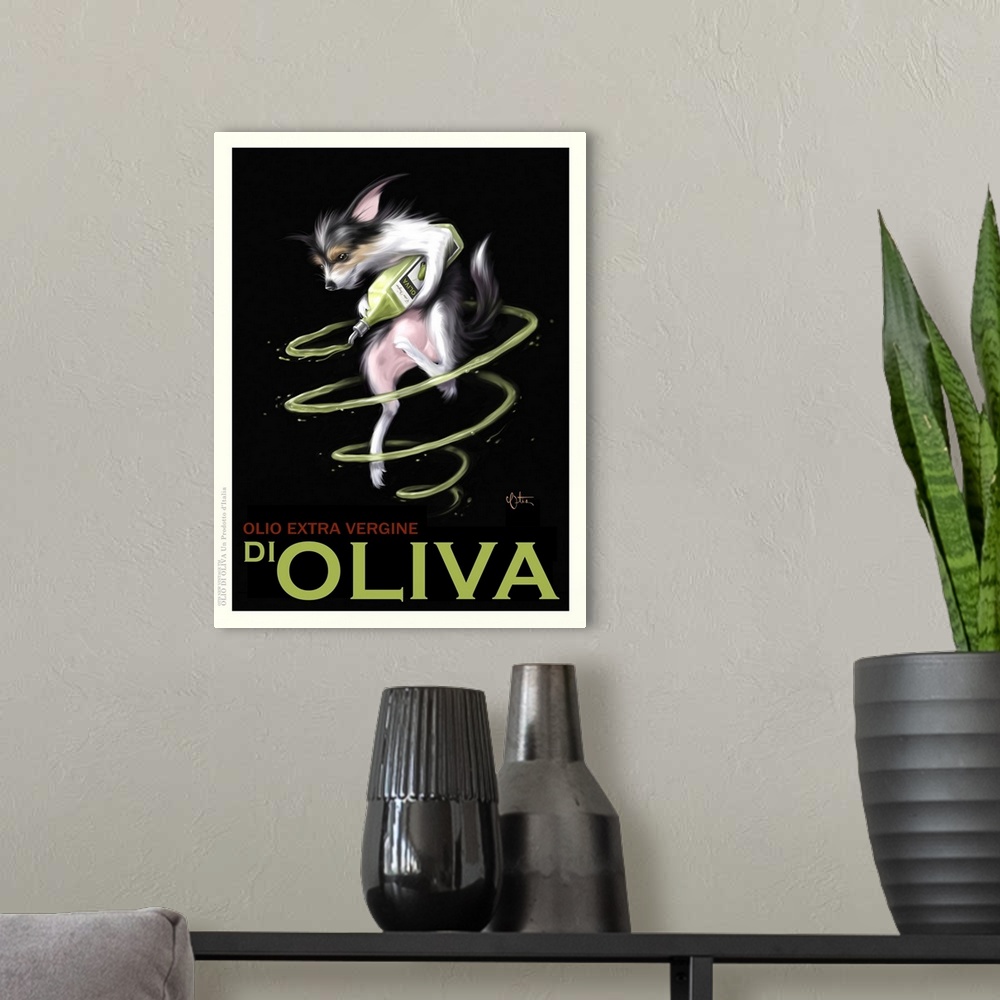 A modern room featuring Retro style advertising poster featuring Jack Russell with Italian Olive Oil