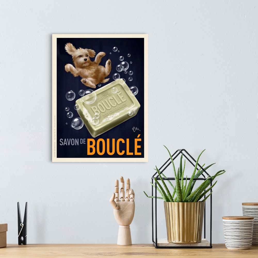 A bohemian room featuring Retro style advertising poster featuring Poodle with French Soap