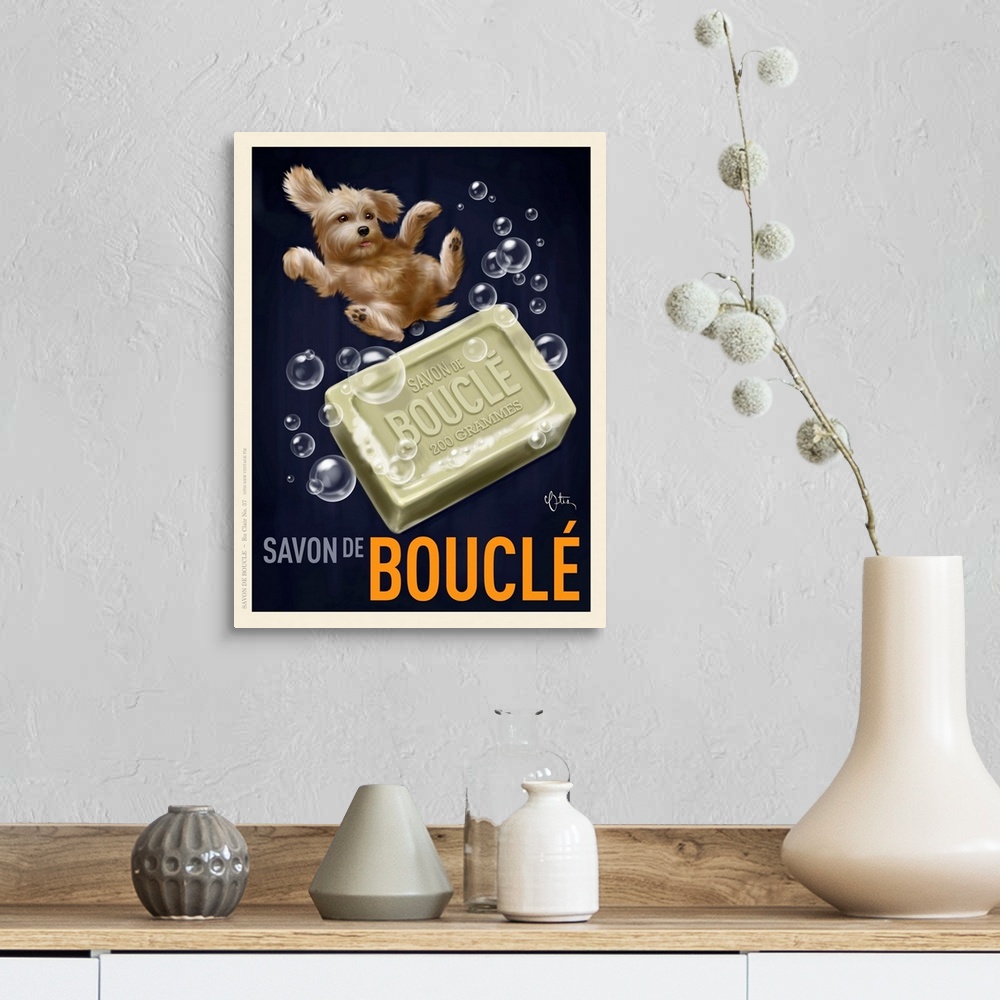A farmhouse room featuring Retro style advertising poster featuring Poodle with French Soap