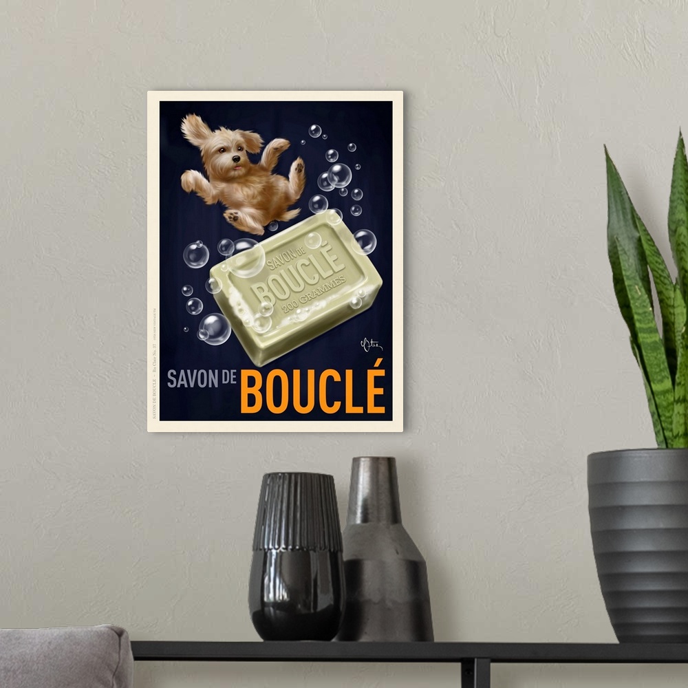 A modern room featuring Retro style advertising poster featuring Poodle with French Soap