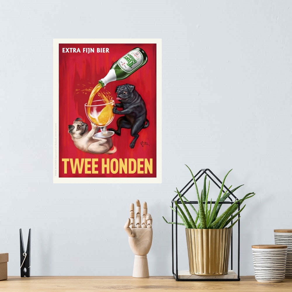 A bohemian room featuring Retro style advertising poster featuring Pugs with Dutch Beer