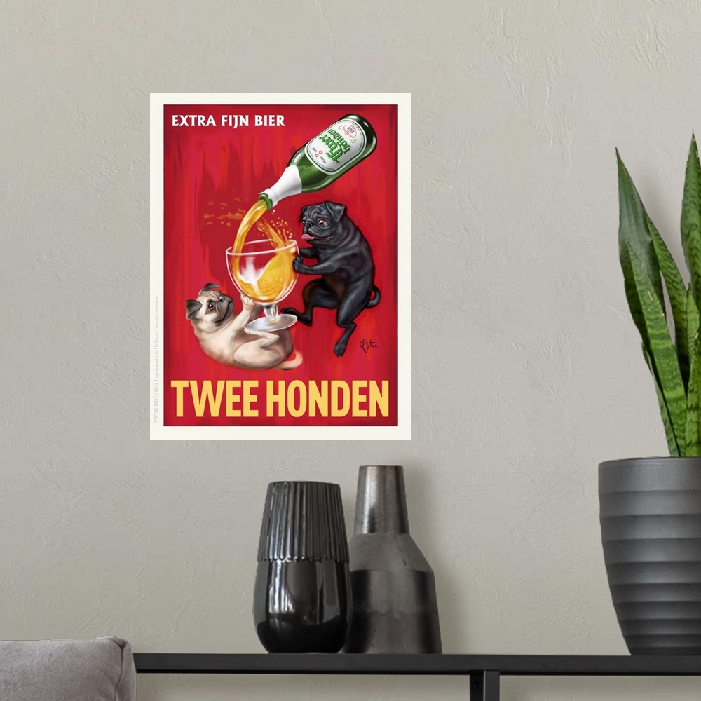 A modern room featuring Retro style advertising poster featuring Pugs with Dutch Beer