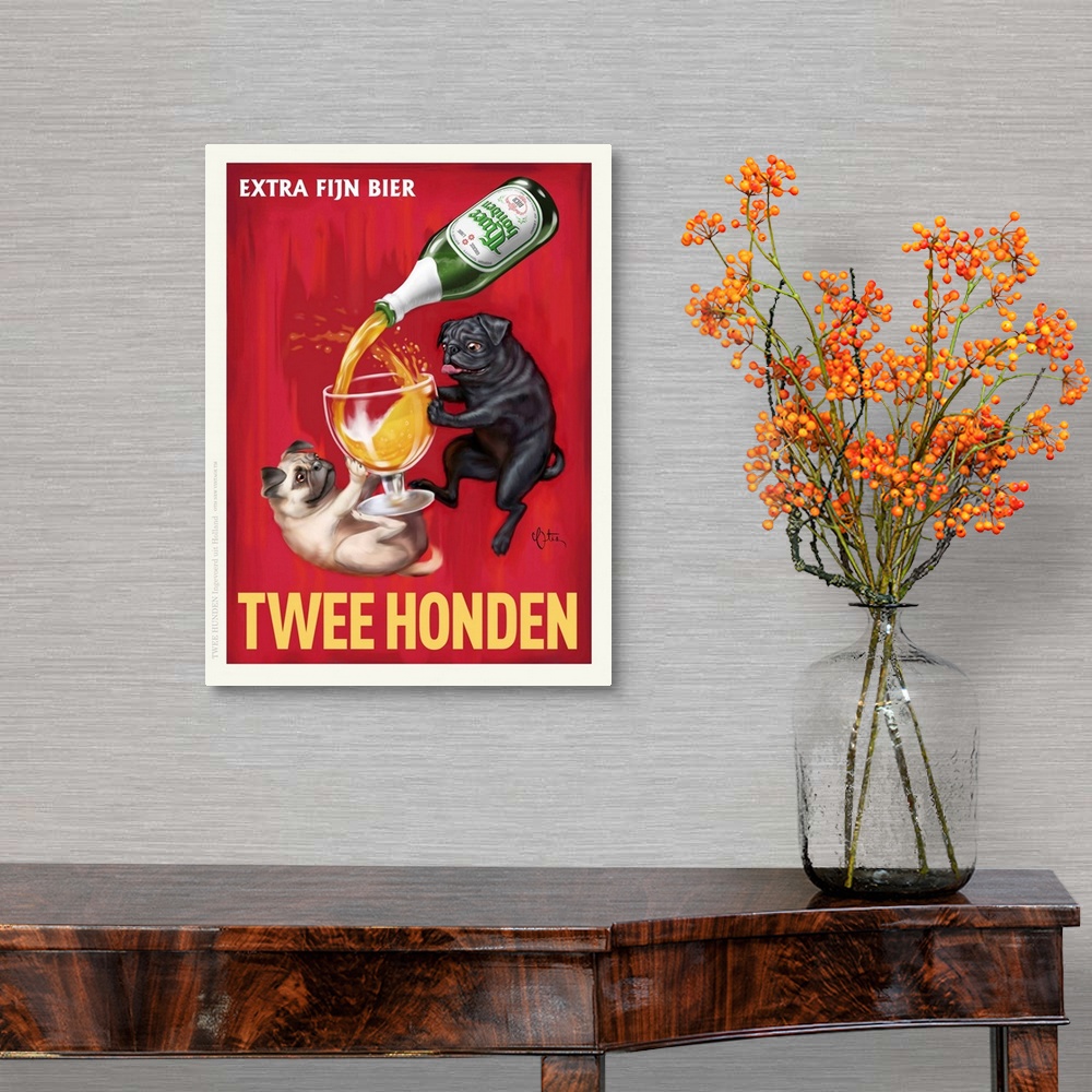 A traditional room featuring Retro style advertising poster featuring Pugs with Dutch Beer