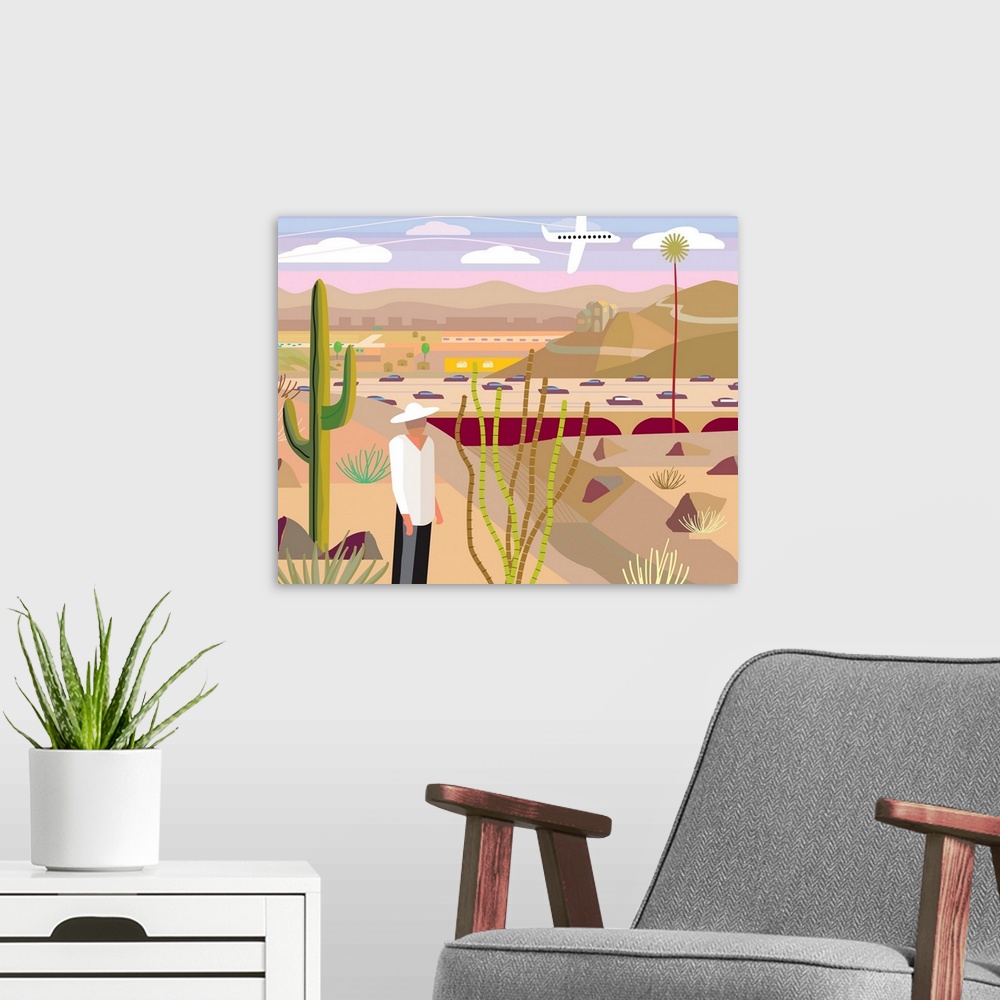 A modern room featuring Bright sunlight in the desert at Scottsdale, Arizona. illustration and painting.