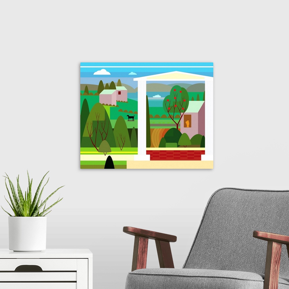 A modern room featuring Fresh green northern landscape with gardens, water, architectural elements and dog.