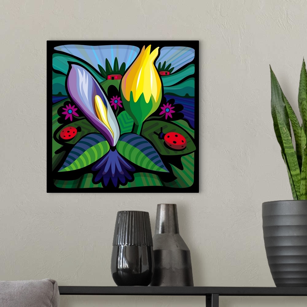 A modern room featuring A square digital illustration of a blooming flowers with ladybugs.