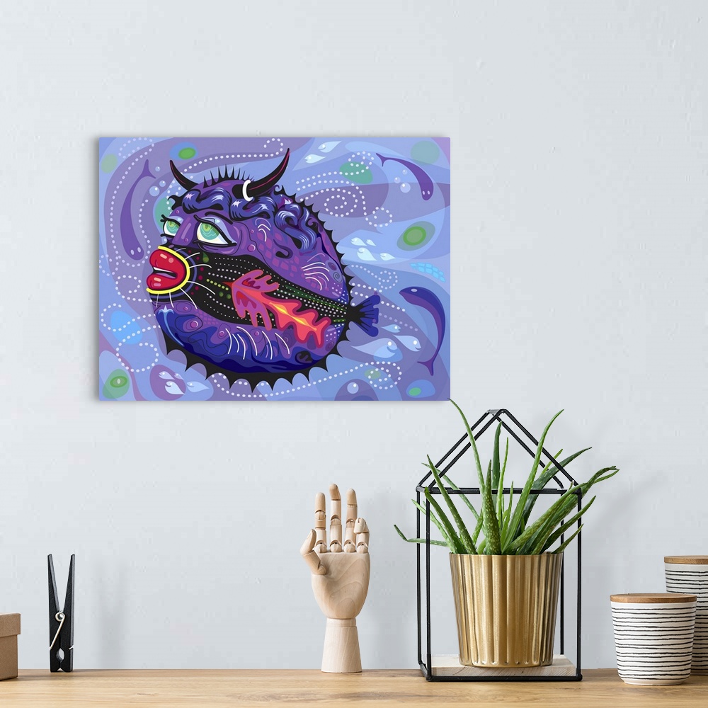A bohemian room featuring Tropical Bull Fish Illustration on swirling underwater background.