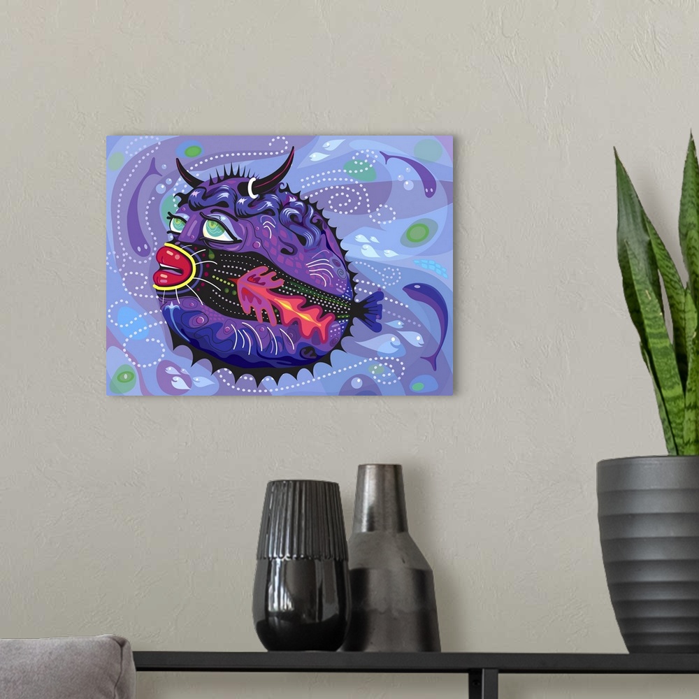 A modern room featuring Tropical Bull Fish Illustration on swirling underwater background.