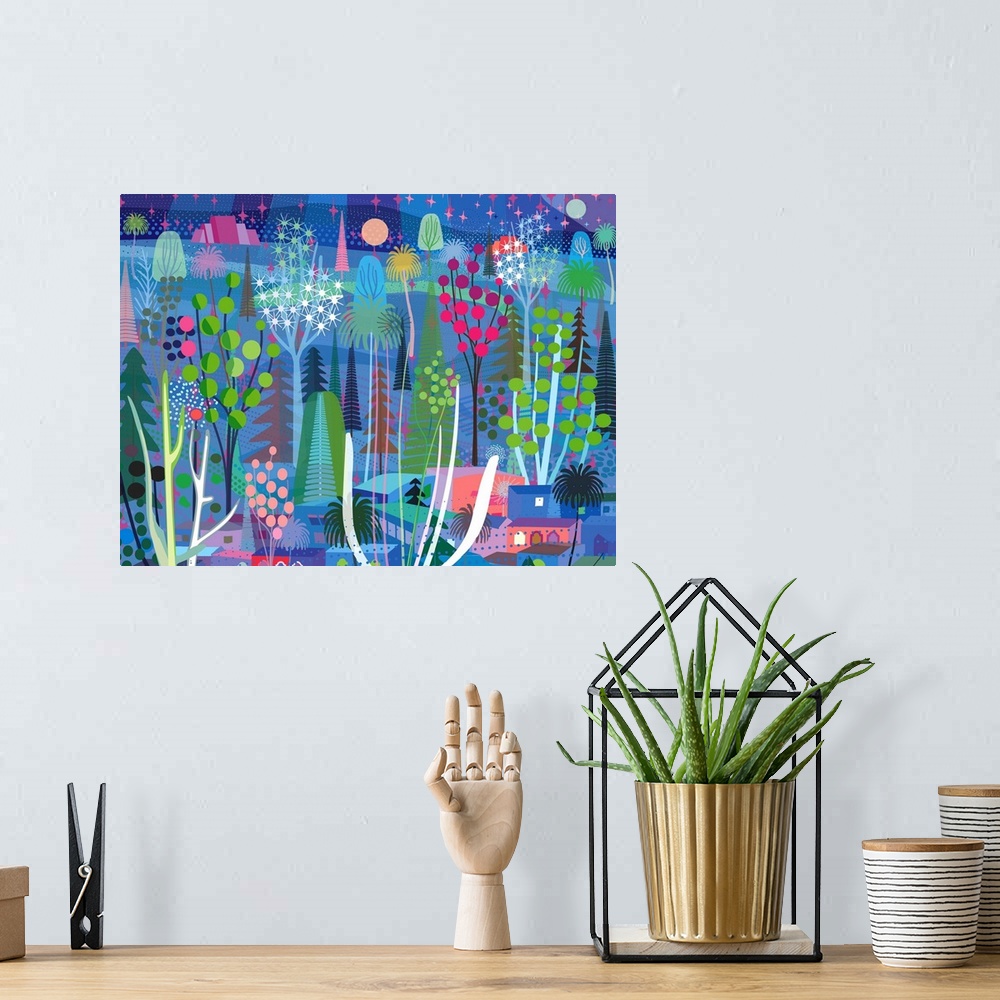 A bohemian room featuring Blue night forest with some magenta and other warm color accents. Stylized trees and starry lands...