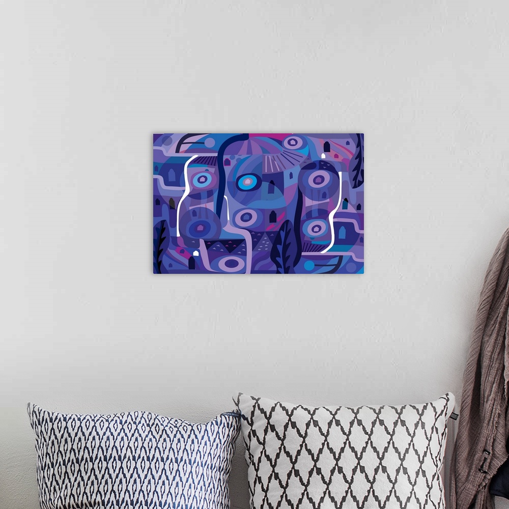 A bohemian room featuring A digital abstract landscape with circular shapes in vibrant shades of purple.