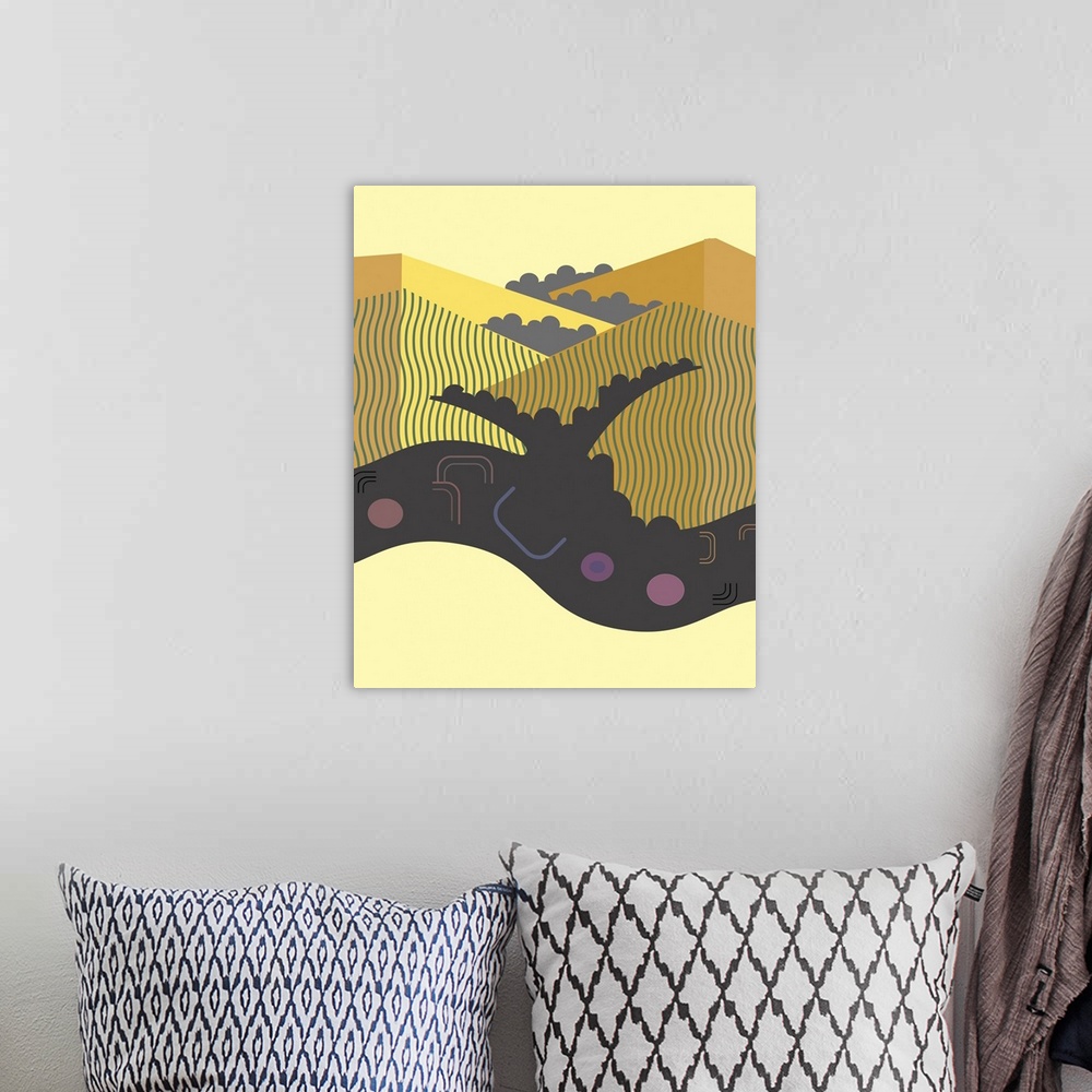 A bohemian room featuring Abstract and geometric illustration of California beach and background hills.