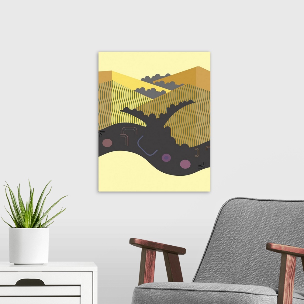 A modern room featuring Abstract and geometric illustration of California beach and background hills.