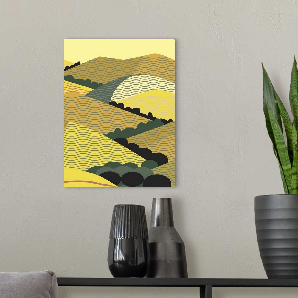 A modern room featuring Vertical illustration inspired by coastal California hills in yellow.