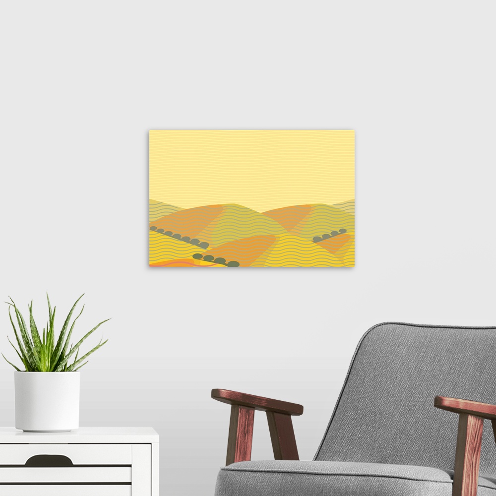 A modern room featuring A horizontal hilly landscape in shades of yellow with curvy lines.