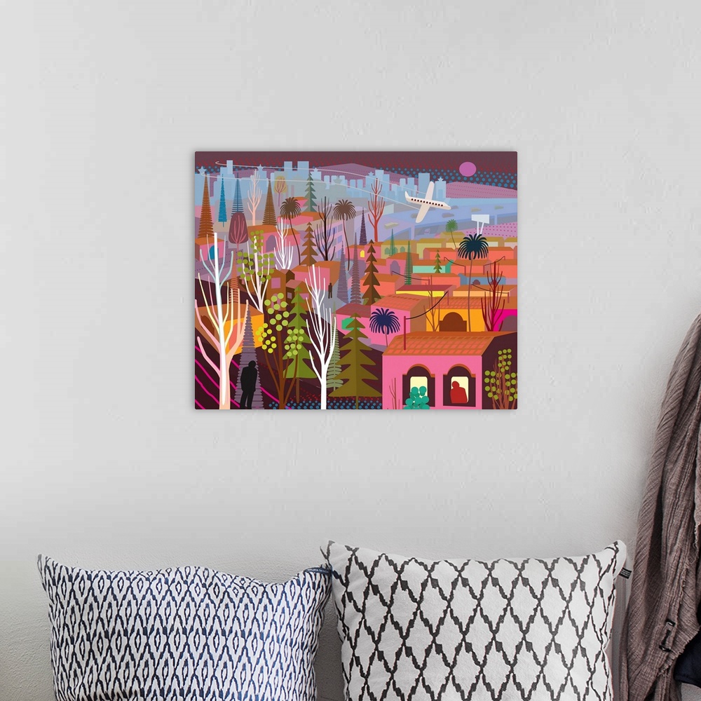 A bohemian room featuring Glowing night time cityIllustration and painting
