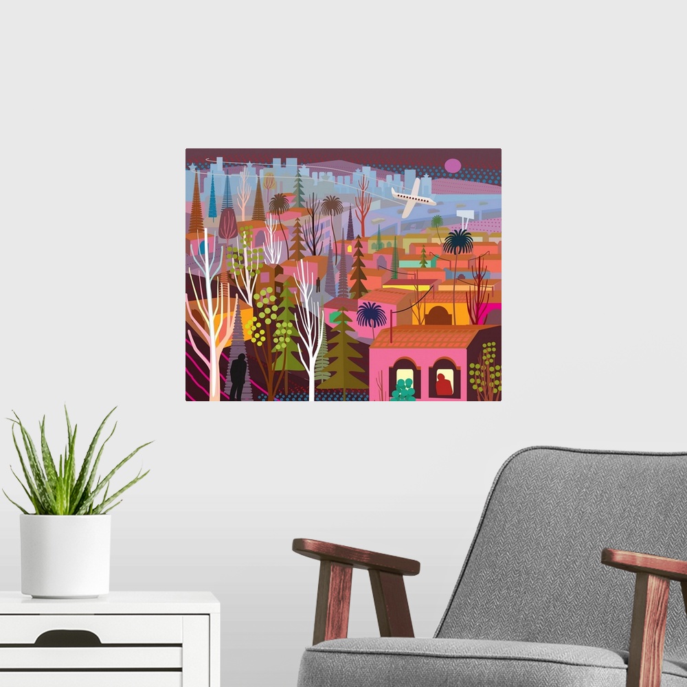 A modern room featuring Glowing night time cityIllustration and painting