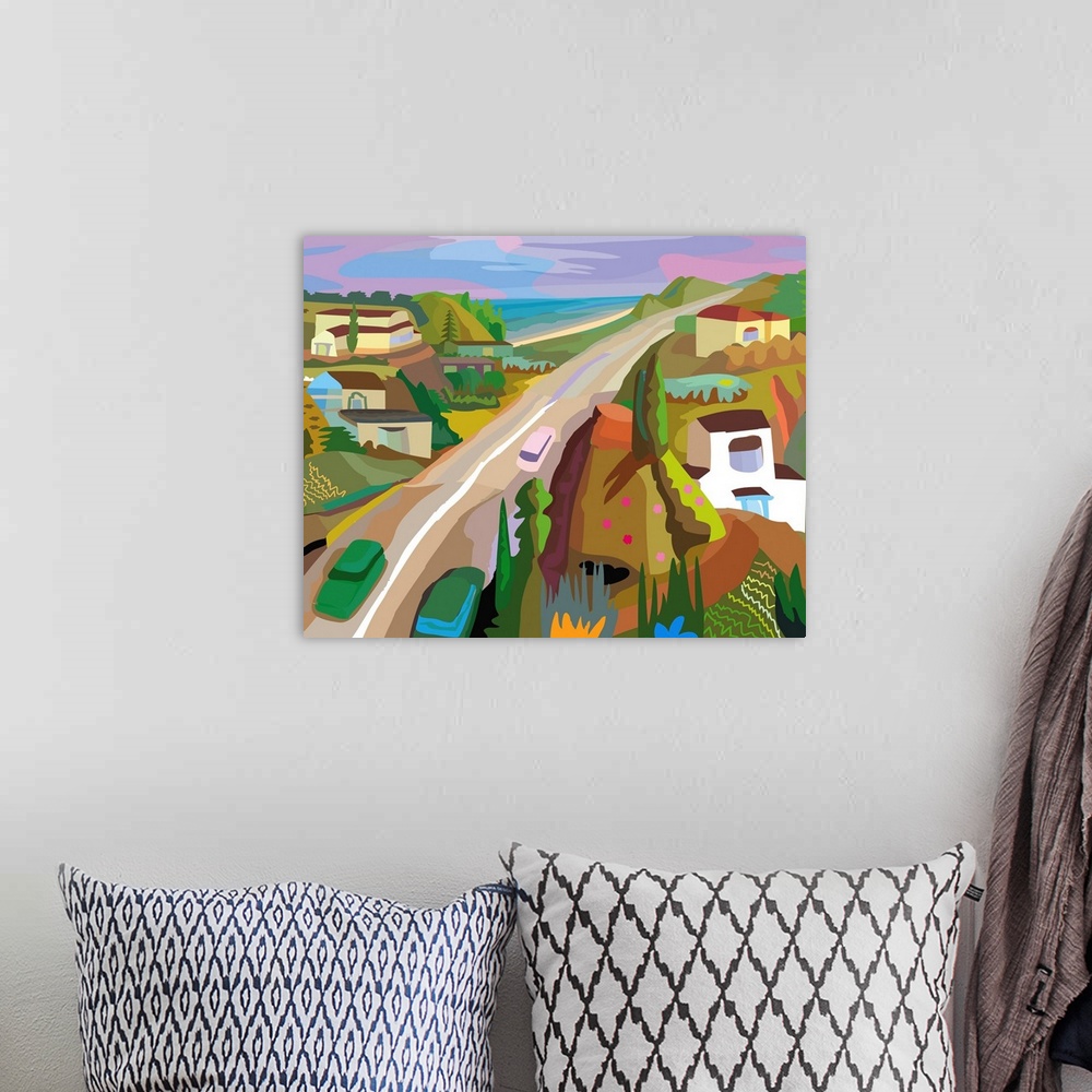A bohemian room featuring Road, cars, houses, green hills, and ocean combine for fresh, morning air coastal landscape.
