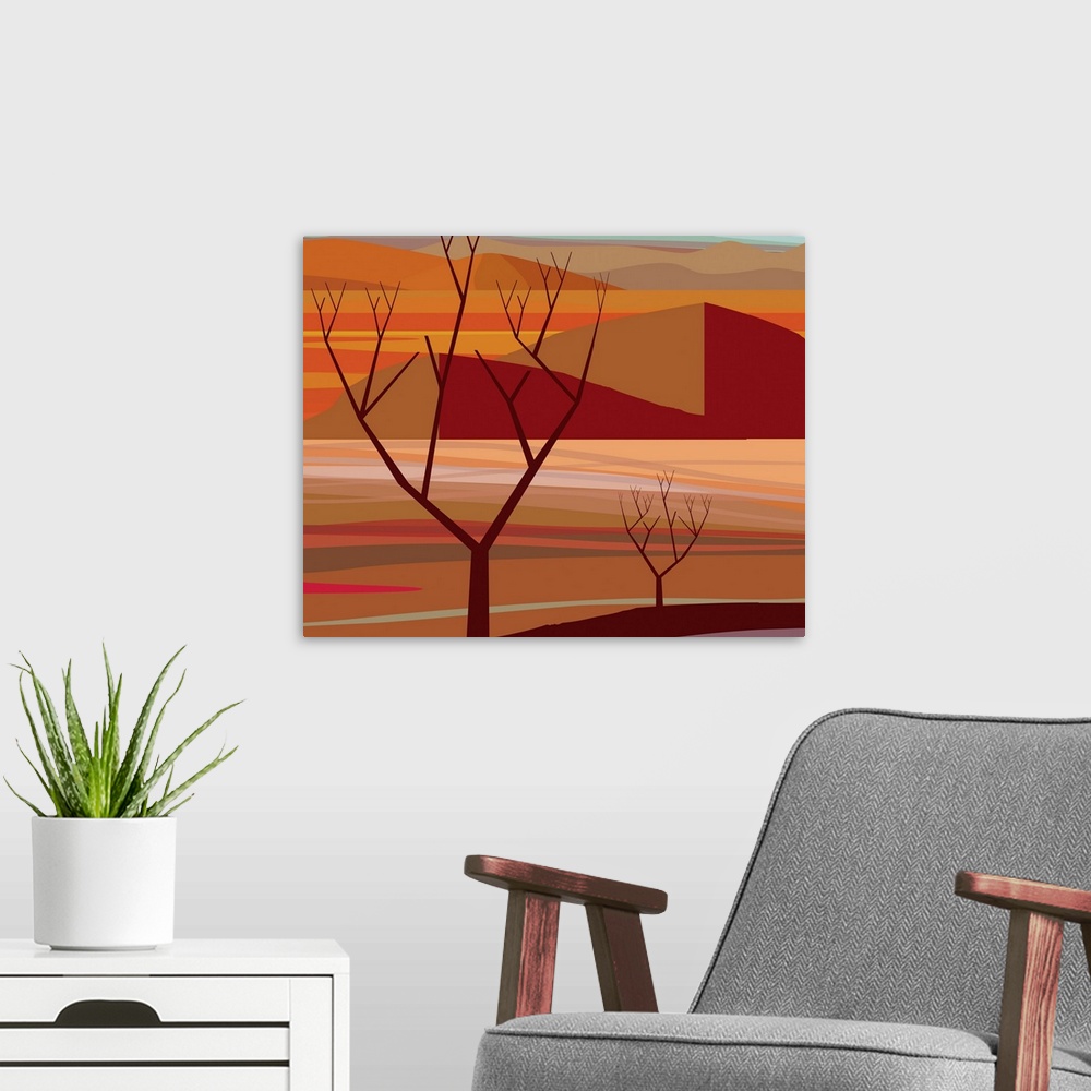 A modern room featuring illustration and painting Mexican desert south of Arizona border.
