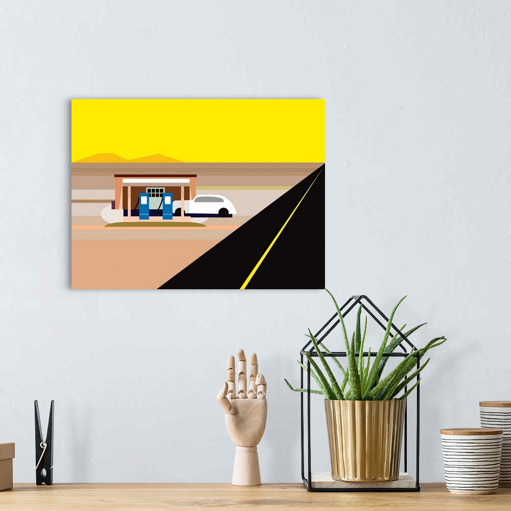 A bohemian room featuring A digital illustration of a gas station in a desert area.