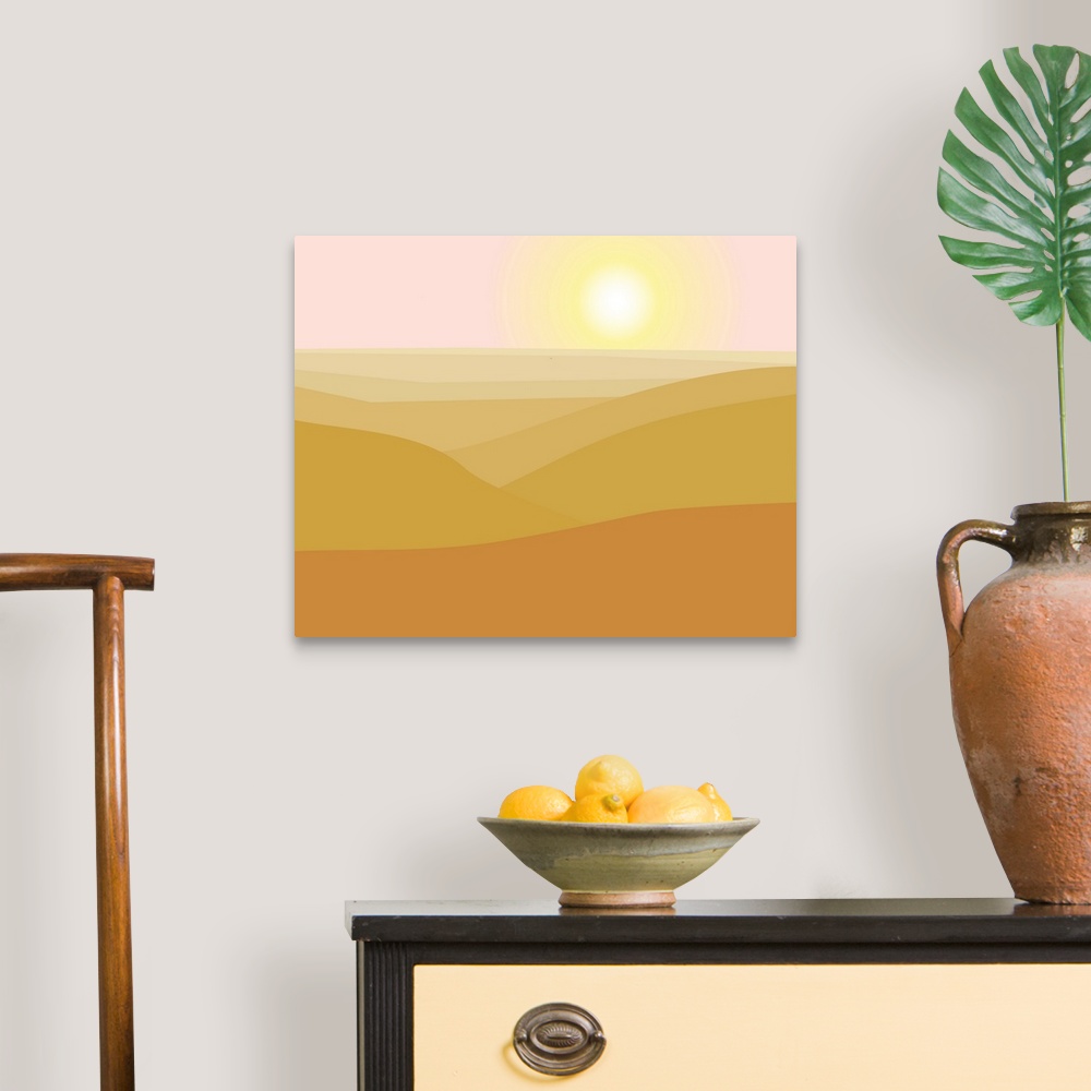 A traditional room featuring Illustration of dry desert landscape with sun in the sky.