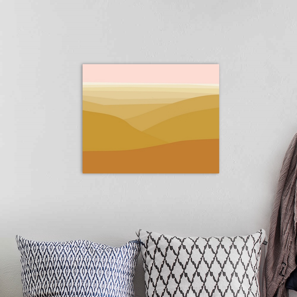 A bohemian room featuring Illustration of desert mountains in warm dry colors.