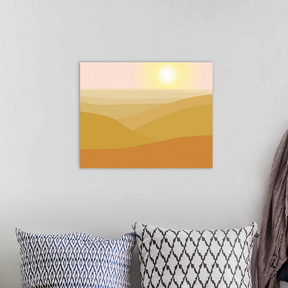 A bohemian room featuring A digital landscape of rolling hills with a sunrise in various shades of yellow.