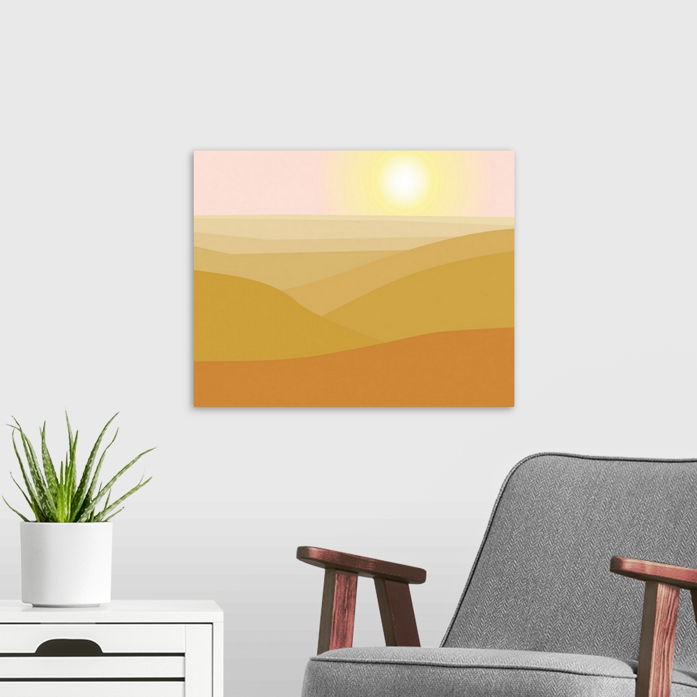 A modern room featuring A digital landscape of rolling hills with a sunrise in various shades of yellow.