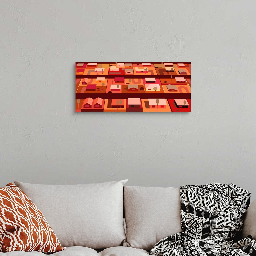 A bohemian room featuring Horizontal illustration of housing in warm orange and reds of housing in southwest. Urban tract h...