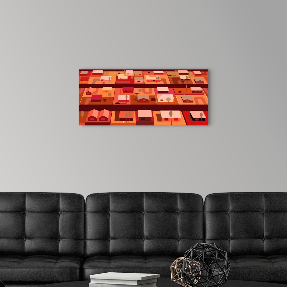 A modern room featuring Horizontal illustration of housing in warm orange and reds of housing in southwest. Urban tract h...