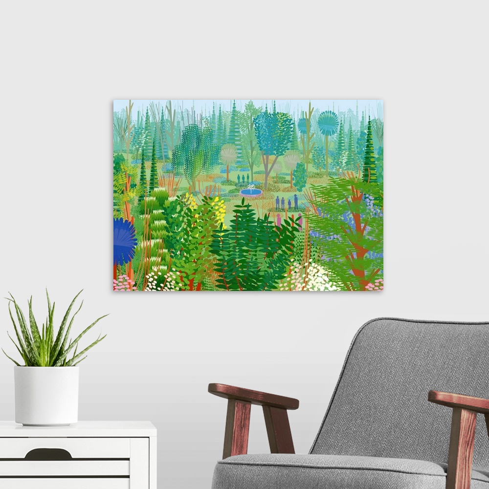 A modern room featuring Detailed forest in background environmental mist with small figure congregating around fountain i...