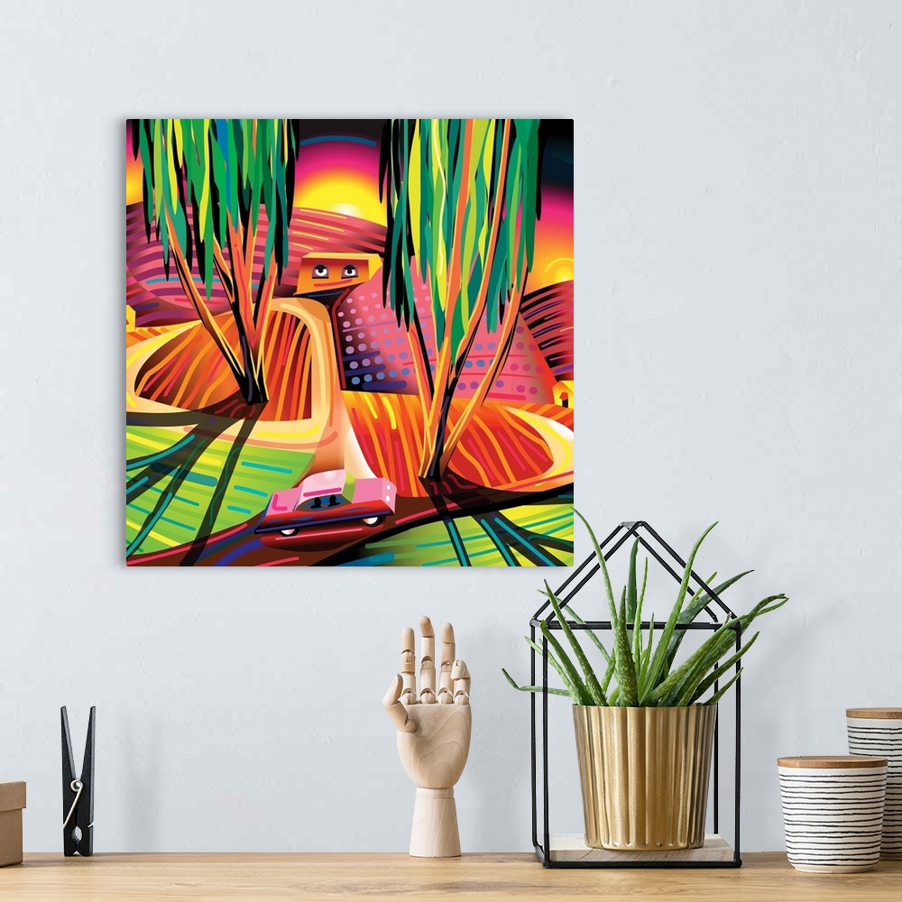 A bohemian room featuring A digital illustration of a car driving on a curved road through a hilly landscape with large tre...